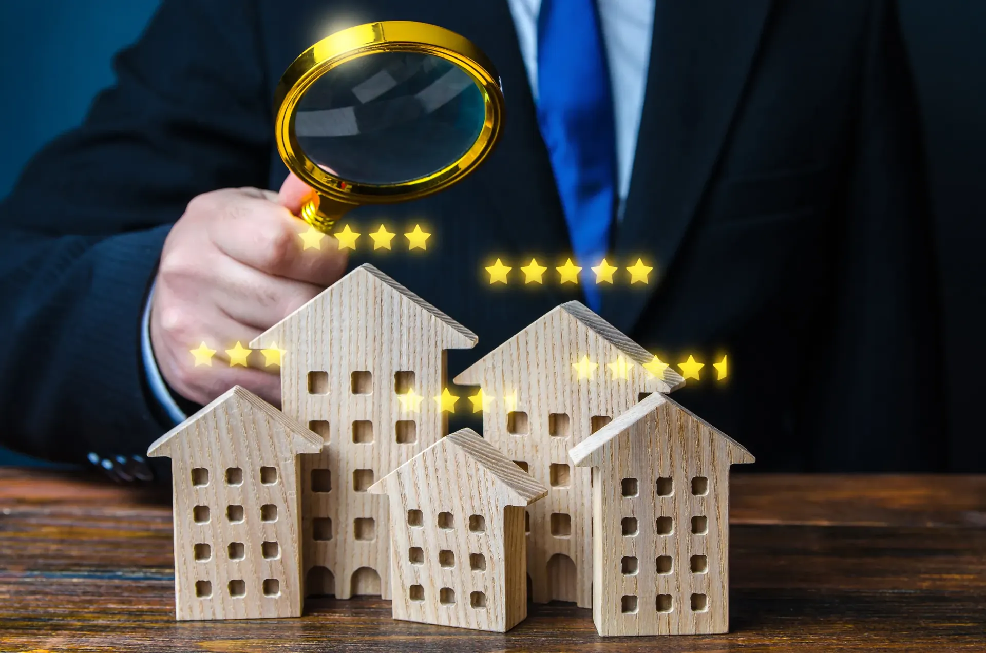 Holzhäuser unter der Lupe als Symbol für Immobilienbewertung